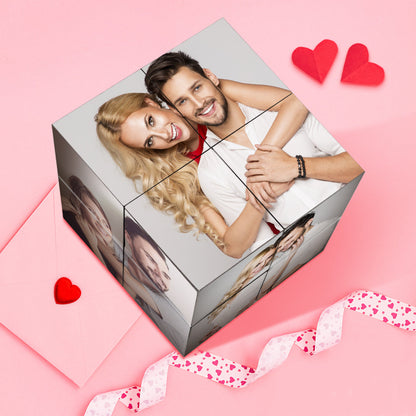 A smiling couple depicted on a heart-shaped puzzle against a pink background, with two red hearts and a romantic ribbon nearby.