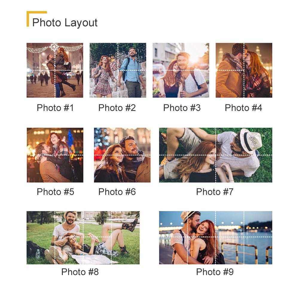 A collage titled "Photo Layout" with nine images of happy couples in different settings, such as city lights, outdoors, and a grassy park. Each photo is numbered from #1 to #9.