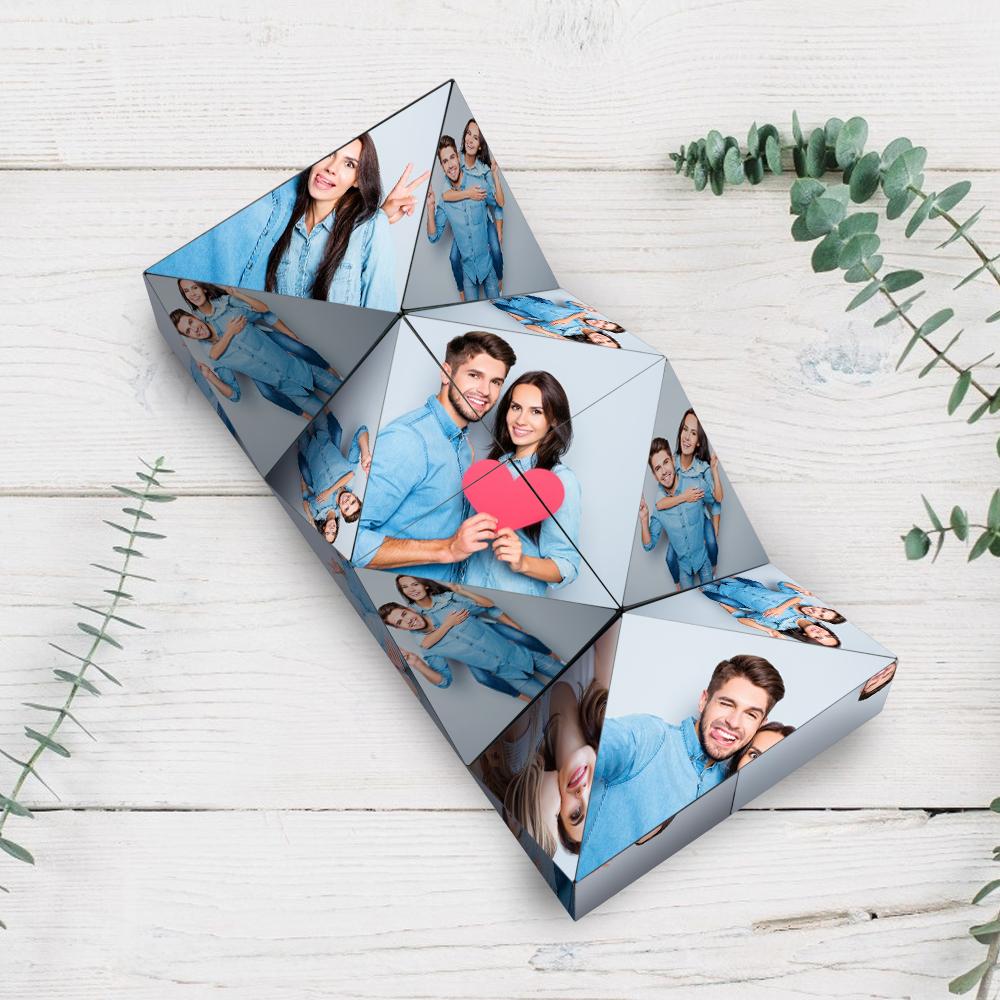 A 3D cube with multiple images of a couple in denim and a woman posing, on a white wooden background with greenery.