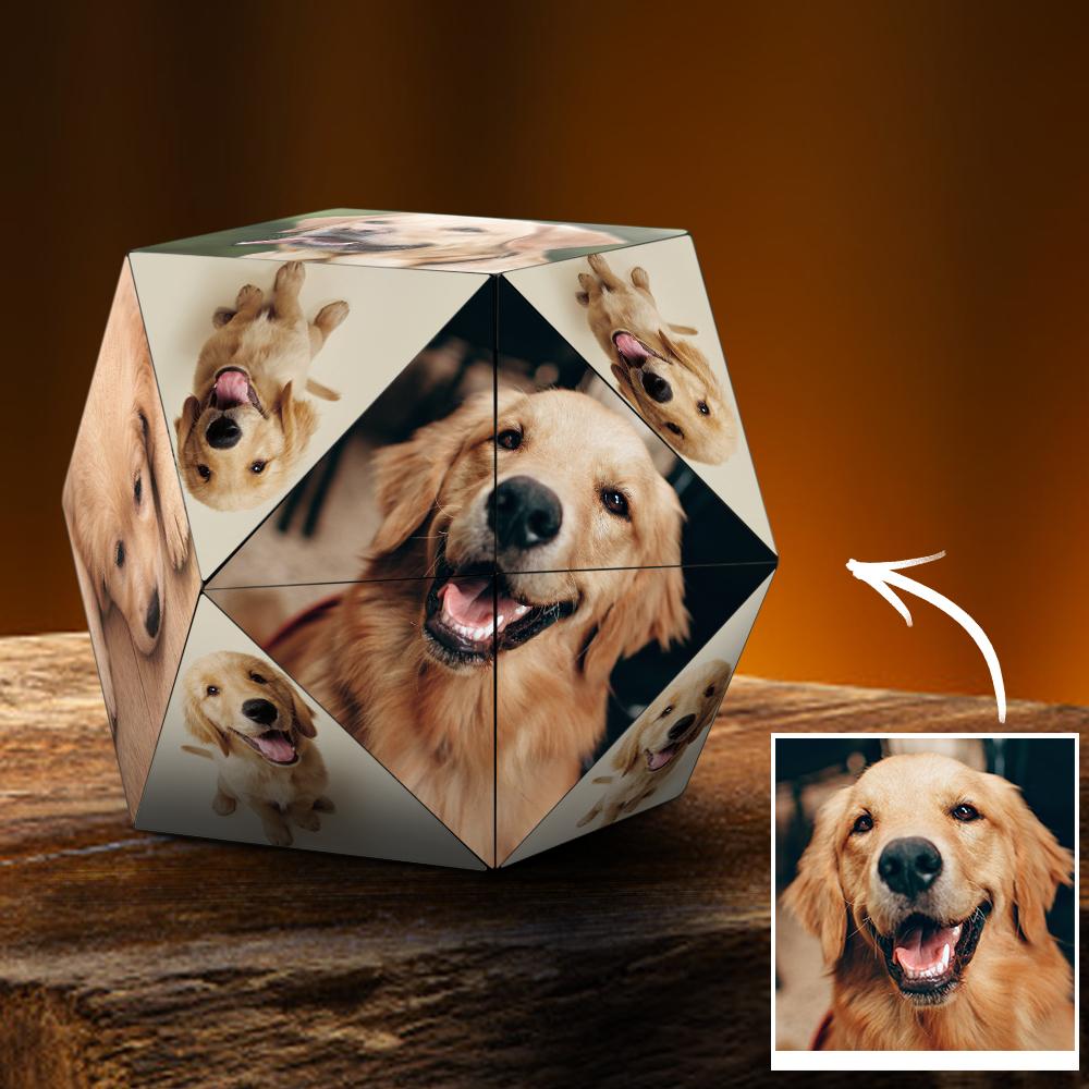 Alt text: A 3D polyhedral object displaying various images of a smiling golden retriever, with one face transitioning to a separate real-life image of the same dog against an orange backdrop.