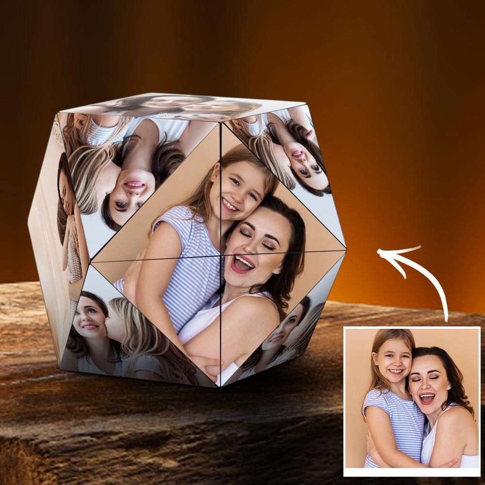 A 3D hexagonal collage featuring various segments of a happy woman and a girl hugging, displayed against an orange backdrop.