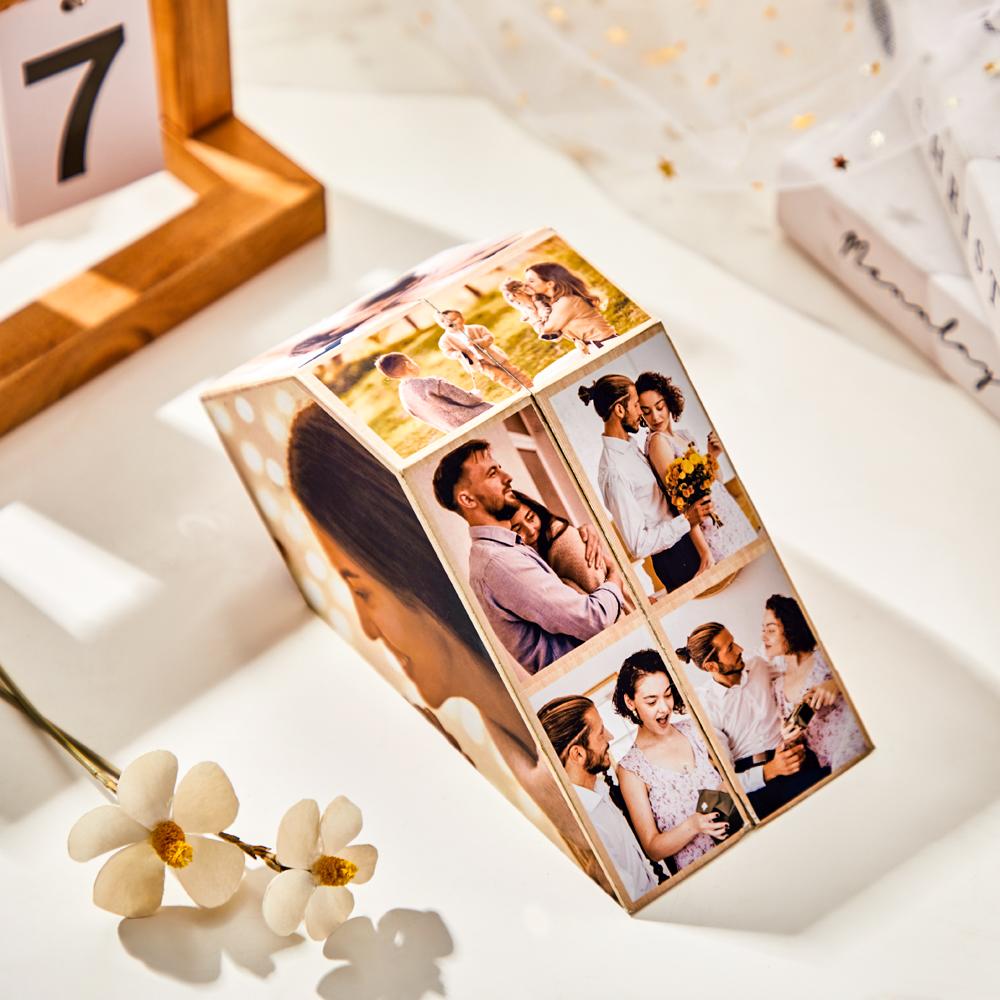 A rectangular photo block displaying various images of a couple, with a calendar showing number 7 and a decorative white flower in the foreground.