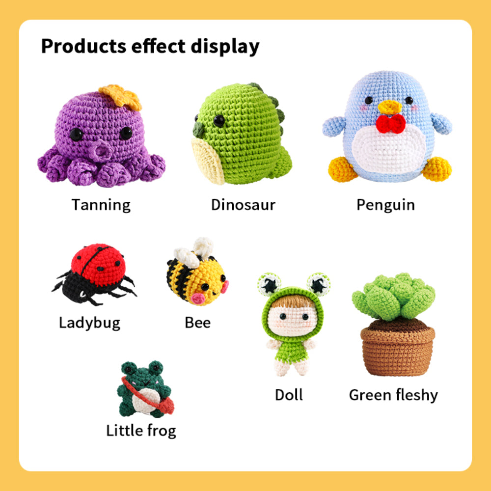 A collection of colorful crochet animals and characters with labels underneath: Tanning (octopus), Dinosaur, Penguin, Ladybug, Bee, Doll dressed as a frog, Little frog, and Green fleshy (plant).