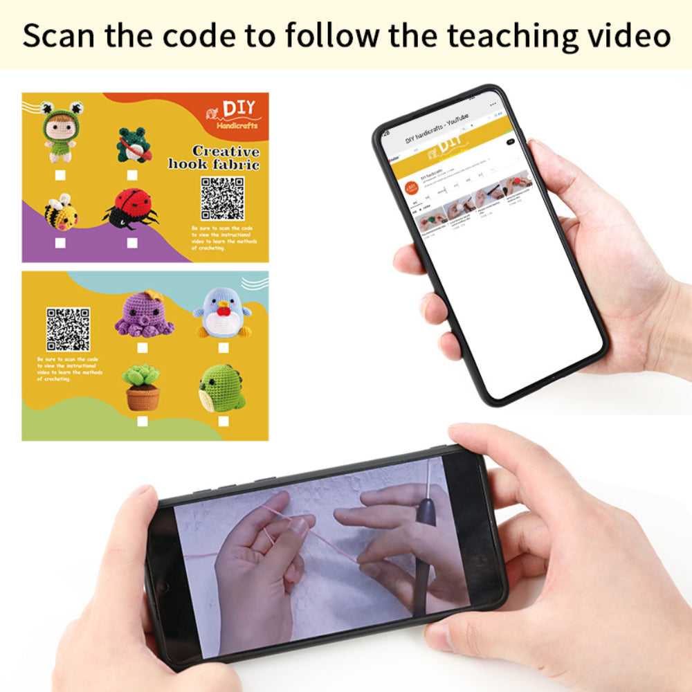 Alt text: Advertisement promoting a DIY handicrafts tutorial, showcasing a smartphone scanning a QR code for video instructions and another phone displaying a crochet lesson.