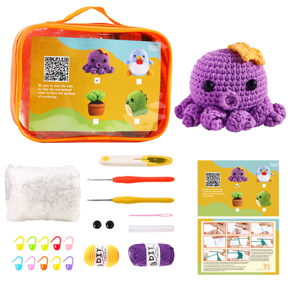 DIY crochet kit with tools, yarn, and instruction manual, featuring completed purple octopus plush and images of other crochet animals. Comes in an orange clear-front case.