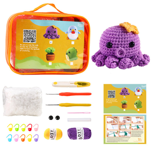 DIY crochet kit with tools, yarn, and instruction manual, featuring completed purple octopus plush and images of other crochet animals. Comes in an orange clear-front case.