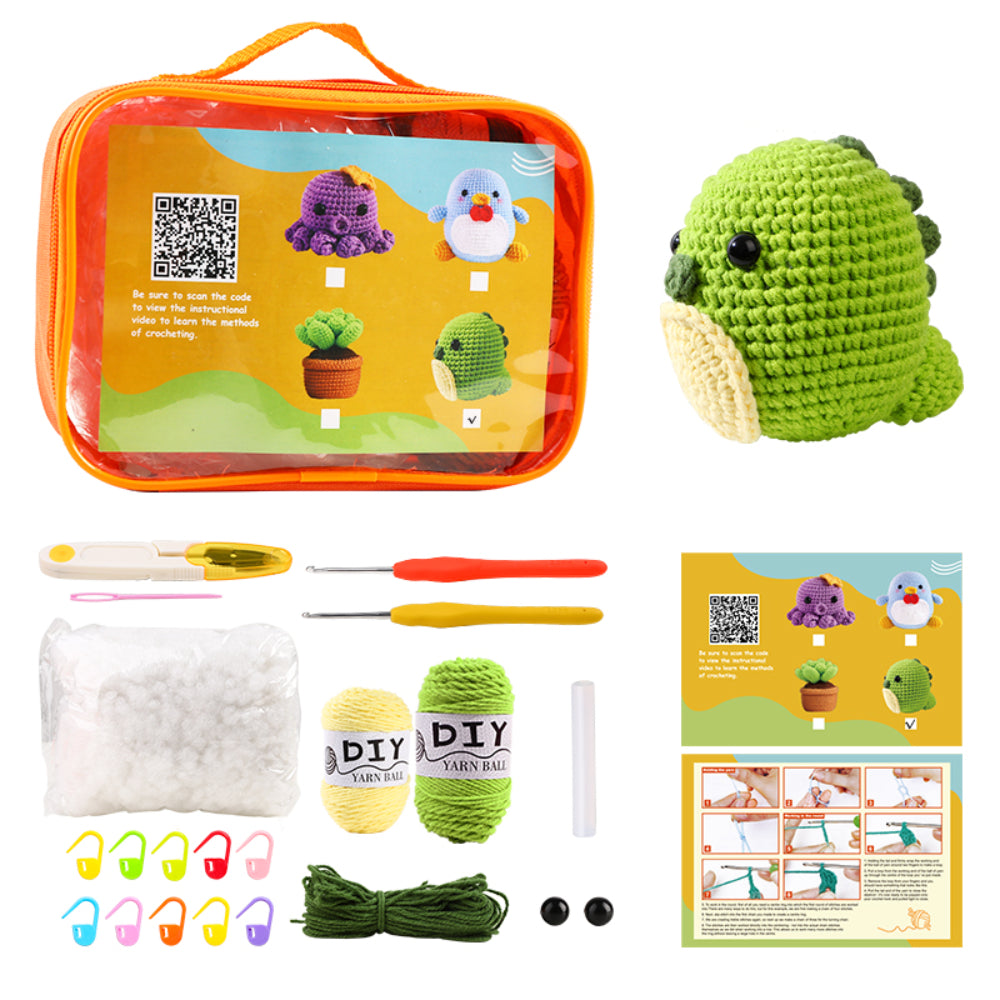 A DIY crochet kit with materials and tools for making a green fish, displayed alongside a finished crochet fish and instructional contents.